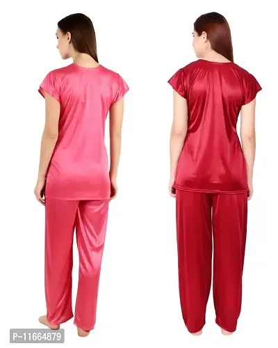 Cotovia Women's Satin Night Suit Combo Set (Medium, Pink and Maroon)-thumb2