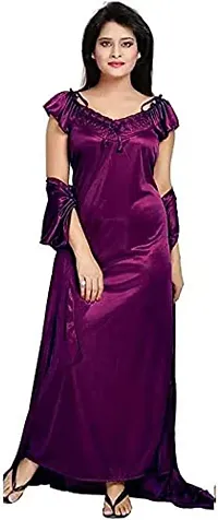 Cotovia Women's Satin Solid Maxi Length Nighty, Wrap Gown, Bra and Thong (FP411OMR375_Pink_Free Size) (Pack of 4) (Free Size, Purple)-thumb4