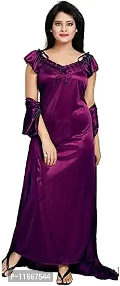 Cotovia Women's Satin Solid Maxi Length Nighty, Wrap Gown, Bra and Thong (FP411OMR375_Pink_Free Size) (Pack of 4) (Free Size, Purple)-thumb5