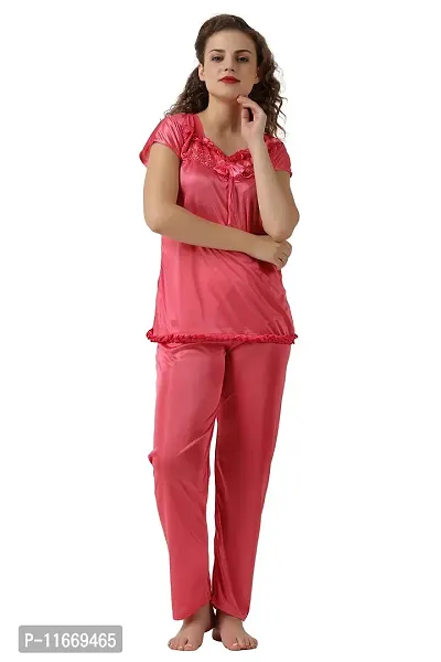 Cotovia Women's Satin Solid Pyjama Set Pack of 1 (Free Size, Pink)-thumb5