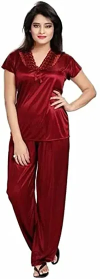 Cotovia Women's Satin Plain/Solid Nightwear Set Pack of 4 (Free Size, Maroon)-thumb3