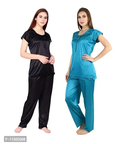 Cotovia Women's Satin Plain/Solid Night Suit Set Pack of 2 Combo Set (Free Size, Black and Light Blue)