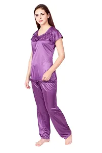 Cotovia Women's Satin Plain/Solid Top and Pyjama Set Pack of 1 (Medium, Purple)-thumb1