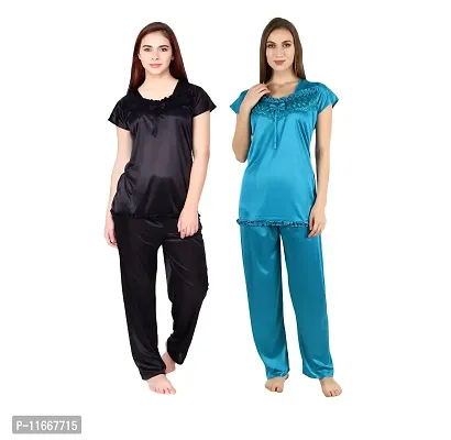 Cotovia Stylish Satin Women?s Latest Free Size Top and Pajama Set Night Dress for Women/Girls Combo (Pack of 2) (Black & Light Blue)