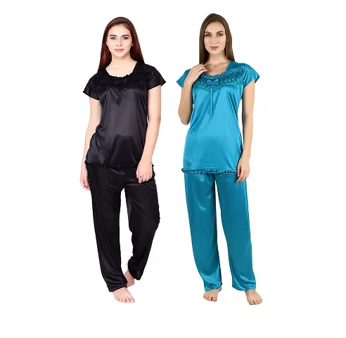Cotovia Women's & Girl's Satin Solid Top and Pyjama Set Pack of 2