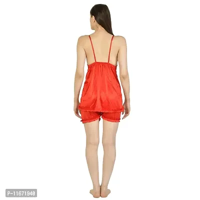 Cotovia Women Satin Blend Top & Shorts Nightwear/Loungewear Set with Lace (Small, Red)-thumb4