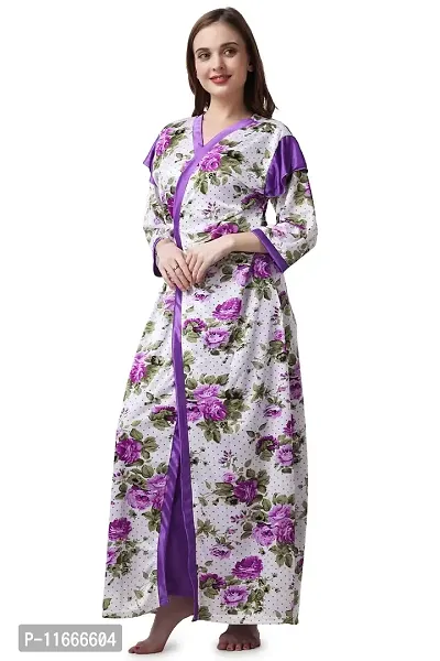 Cotovia Women's 2 Pc Satin Nighty and Robe Set (Large, Purple)