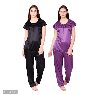 Cotovia Women's & Girl's Satin Solid Top and Pyjama Set Pack of 2 (C-PS-COMBO_Black & Purple_Free Size)-thumb0