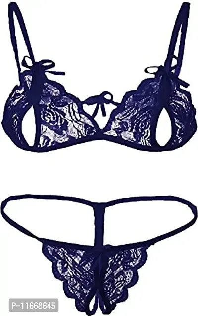 Cotovia Bra & Panty Set Self Design Lingerie Set (Free Size, Neavy Blue)