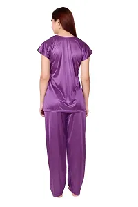 Cotovia Women's Satin Plain/Solid Top and Pyjama Set Pack of 1 (Medium, Purple)-thumb3