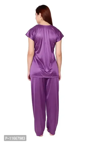 Cotovia Women's Satin Plain/Solid Top and Pyjama Set Pack of 1 (Medium, Purple)-thumb4