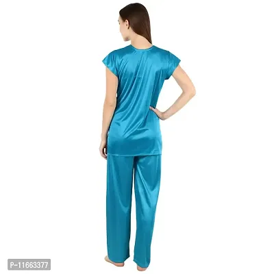 Cotovia Stylish Satin Solid Top and Pajama Set for Women and Girls (Medium, Light Blue)-thumb2