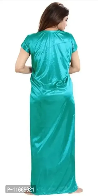 Cotovia Women's Satin Solid Maxi Length Nighty, Wrap Gown, Bra and Thong _Nightwear Set Pack of 4_Free Size (Medium, Green)-thumb2