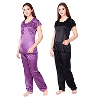 Cotovia Women's & Girl's Satin Solid Top and Pyjama Set Pack of 2 (C-PS-COMBO_Black & Purple_Free Size)-thumb1