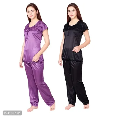 Cotovia Women's & Girl's Satin Solid Top and Pyjama Set Pack of 2 (C-PS-COMBO_Black & Purple_Free Size)-thumb2