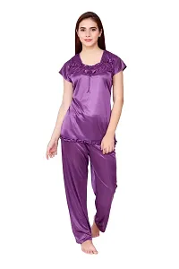 Cotovia Women's Satin Plain/Solid Top and Pyjama Set Pack of 1 (Medium, Purple)-thumb2