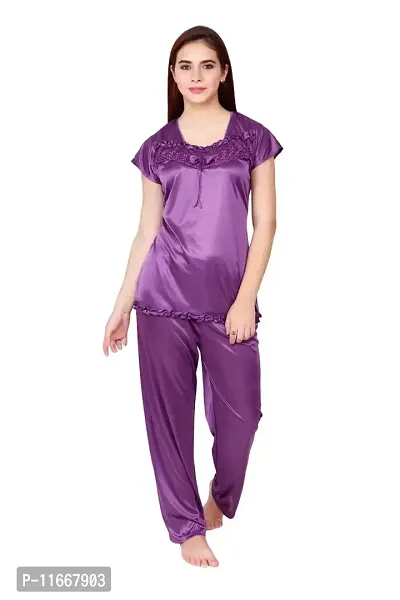 Cotovia Women's Satin Plain/Solid Top and Pyjama Set Pack of 1 (Medium, Purple)-thumb3