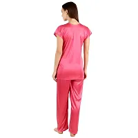 Cotovia Women's Satin Plain/Solid Top and Pyjama Set Pack of 1 (Pink)-thumb4