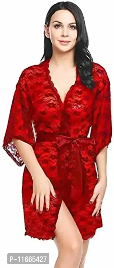 Cotovia Womens Babydoll Lace Net Robe Lingerie Nightwear Dress (Free Size, Red)