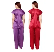 Cotovia Women's Satin Solid Pajama Set Pack Of 2 (C-PS-COMBO_Purple & Maroon_Free Size)-thumb2