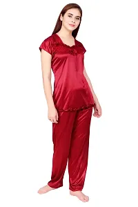 Cotovia Women's Satin Plain/Solid Top and Pyjama Set Pack of 1 (Free Size, Maroon)-thumb1