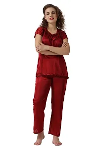 Cotovia Women's Satin Solid Pyjama Set Pack of 1 (Free Size, Maroon)-thumb4