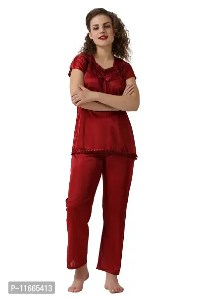 Cotovia Women's Satin Solid Pyjama Set Pack of 1 (Free Size, Maroon)-thumb5