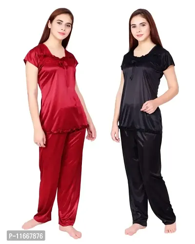 Cotovia Women's Satin Night Suit Combo Set (Large, Black and Maroon)