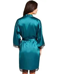 Cotovia Women Satin Kimono Robe V-Neck Nightwear for Women with Lace Design for Female (Free Size, Blue)-thumb1