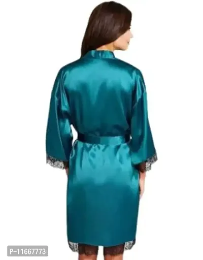 Cotovia Women Satin Kimono Robe V-Neck Nightwear for Women with Lace Design for Female (Free Size, Blue)-thumb2