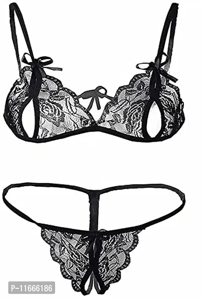 Cotovia Combo Offer! Women Babydoll Nightwear Lace Bra Panty Lingerie Set (Free Size, Black,Red)-thumb2