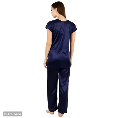 Cotovia Stylish Satin Solid Top and Pajama Set for Women and Girls (Free Size, Blue)-thumb2