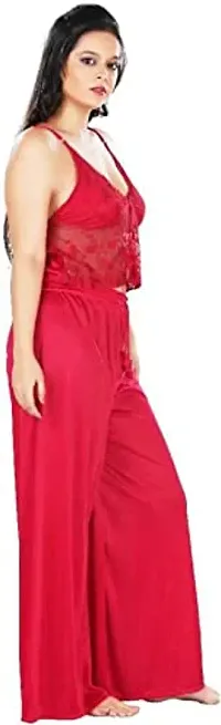 Cotovia Women's Satin Top & Pajama Night Robe & Night Slip Red-thumb1