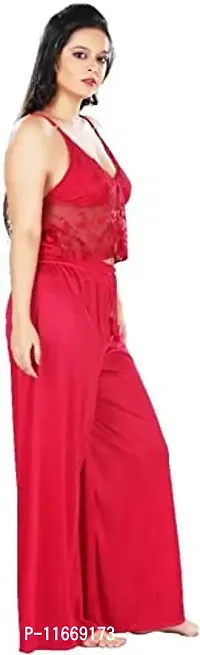 Cotovia Women's Satin Top & Pajama Night Robe & Night Slip Red-thumb2