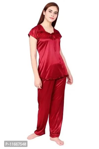Cotovia Women's Satin Plain/Solid Top and Pyjama Set Pack of 1 (Medium, Maroon)