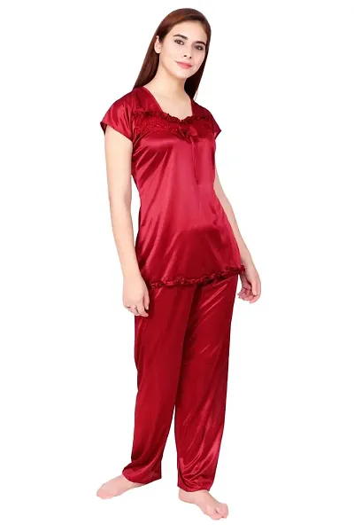 Cotovia Women's Satin Plain/Solid Top and Pyjama Set Pack of 1 (Free Size, Maroon)