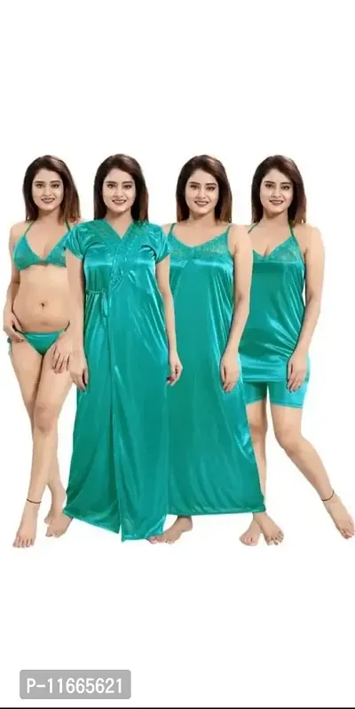 Cotovia Women's Satin Solid Maxi Length Nighty, Wrap Gown, Bra and Thong _Nightwear Set Pack of 4_Free Size (Medium, Green)