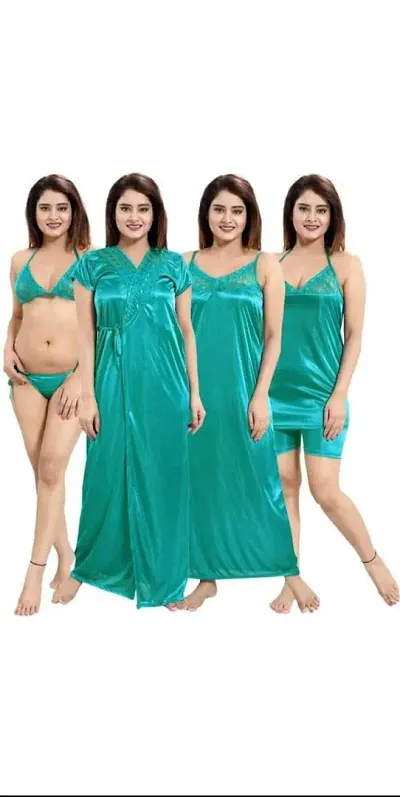 PHKMALL Women's Satin Nightwear Set of Pcs Wrap Gown, Nighty, Top, Shorts, Bra and Panty(6p Shorts) Latest (Free Size, Light Blue)