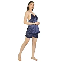 Cotovia Women Satin Blend Top & Shorts Nightwear/Loungewear Set with Lace (Large, Navy)-thumb2