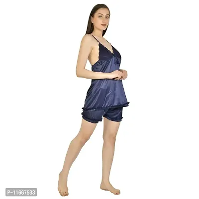 Cotovia Women Satin Blend Top & Shorts Nightwear/Loungewear Set with Lace (Large, Navy)-thumb3