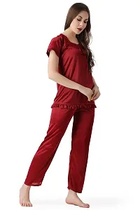 Cotovia Women's Plain Satin Night Suit (Top and Pyjama) (L, Maroon)-thumb3