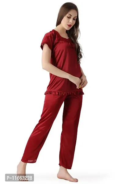 Cotovia Women's Plain Satin Night Suit (Top and Pyjama) (L, Maroon)-thumb4