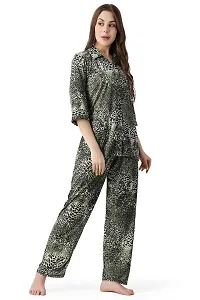 Cotovia Pants Women's Silk Satin Animal Print Night Suit. (M, Green Multicolor)-thumb2