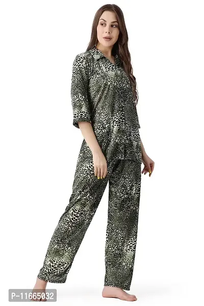 Cotovia Pants Women's Silk Satin Animal Print Night Suit. (M, Green Multicolor)-thumb3