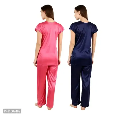 Cotovia Stylish Satin Women?s Latest Free Size Top and Pajama Set Night Dress for Women/Girls Combo (Pack of 2) (Pink & Blue)-thumb3