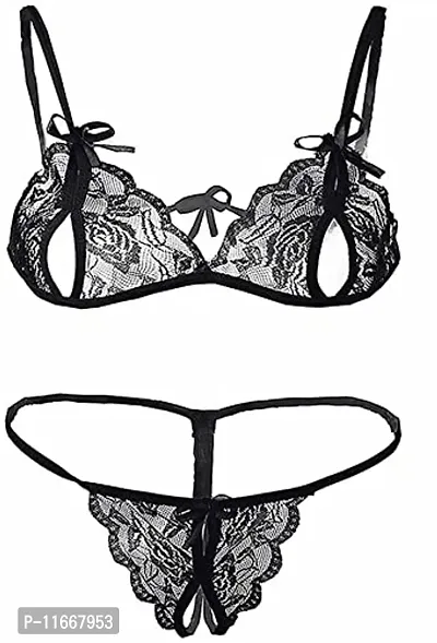 Cotovia Bra & Panty Set Self Design Lingerie Set (Free Size, Black)-thumb0