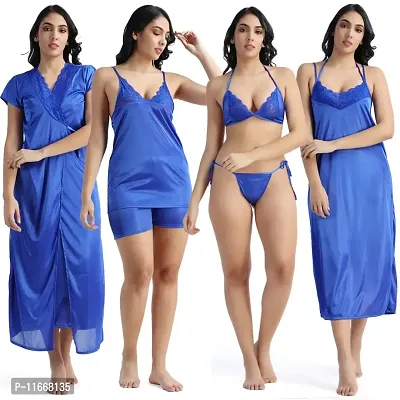 Cotovia Girl's Satin Solid Nightwear Set Pack of 4 (Free Size, Royale Blue)-thumb0