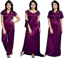 Cotovia Girl's Satin Solid Nightwear Set Pack of 4 (Free Size, Purple)-thumb4