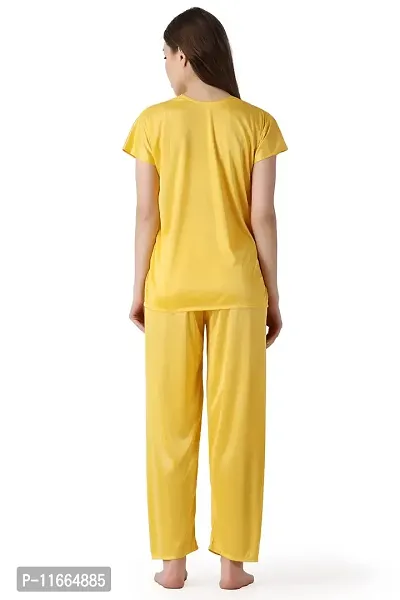 Cotovia Women's Plain Satin Night Suit (Top and Pyjama) (Medium, Yellow)-thumb2