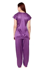 Cotovia Women's Satin Plain/Solid Top and Pyjama Set Pack of 1 (Large, Purple)-thumb3